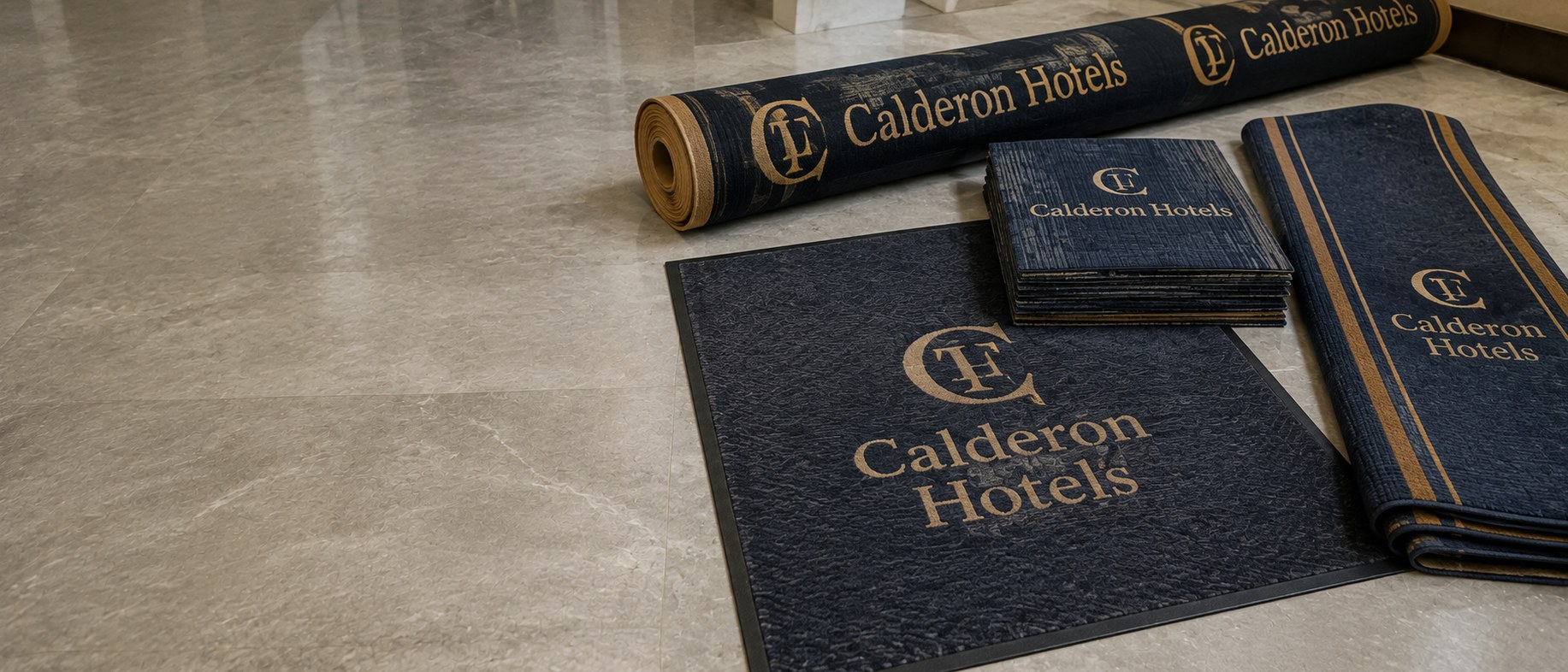 Custom printed carpet with a woven logo laid out in a hotel entrance